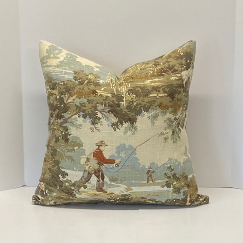 Decorative Pillow Cover in Vintage Tolie Fishing Fabric Etsy