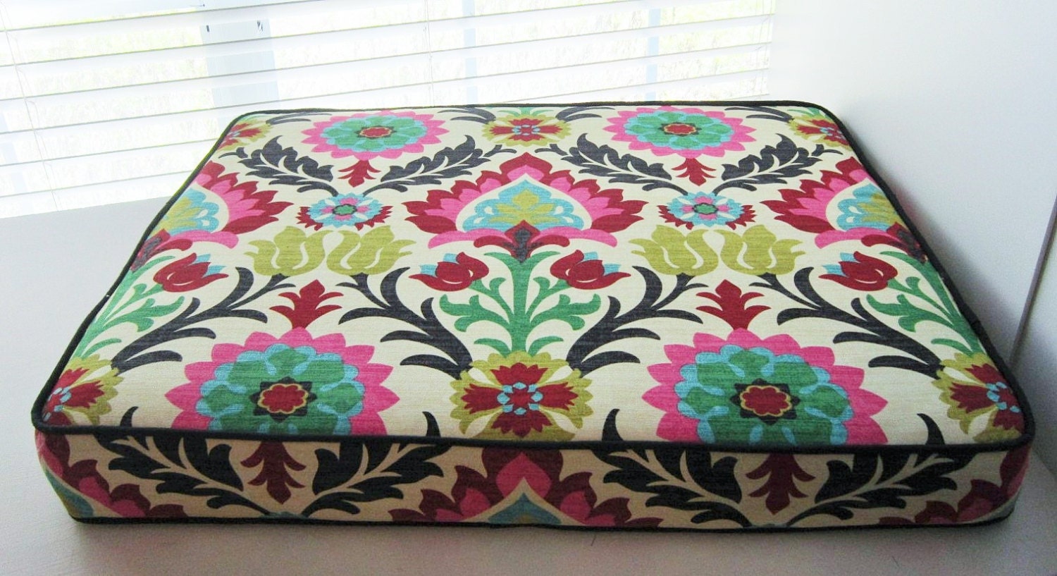 Seat/Dining Cushion in Santa Maria Desert Flower with Black Welt/Piping | Description Below