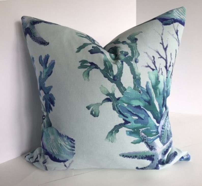 Pillow Cover in Aquatic Sealife Watercolor Blue Coral Decorative Fabric image 3