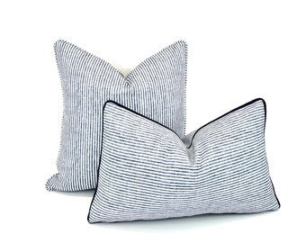 Ticking Stripe Pillow Cover in Dusty Blue and White in Cypress Cotton Canvas Fabric