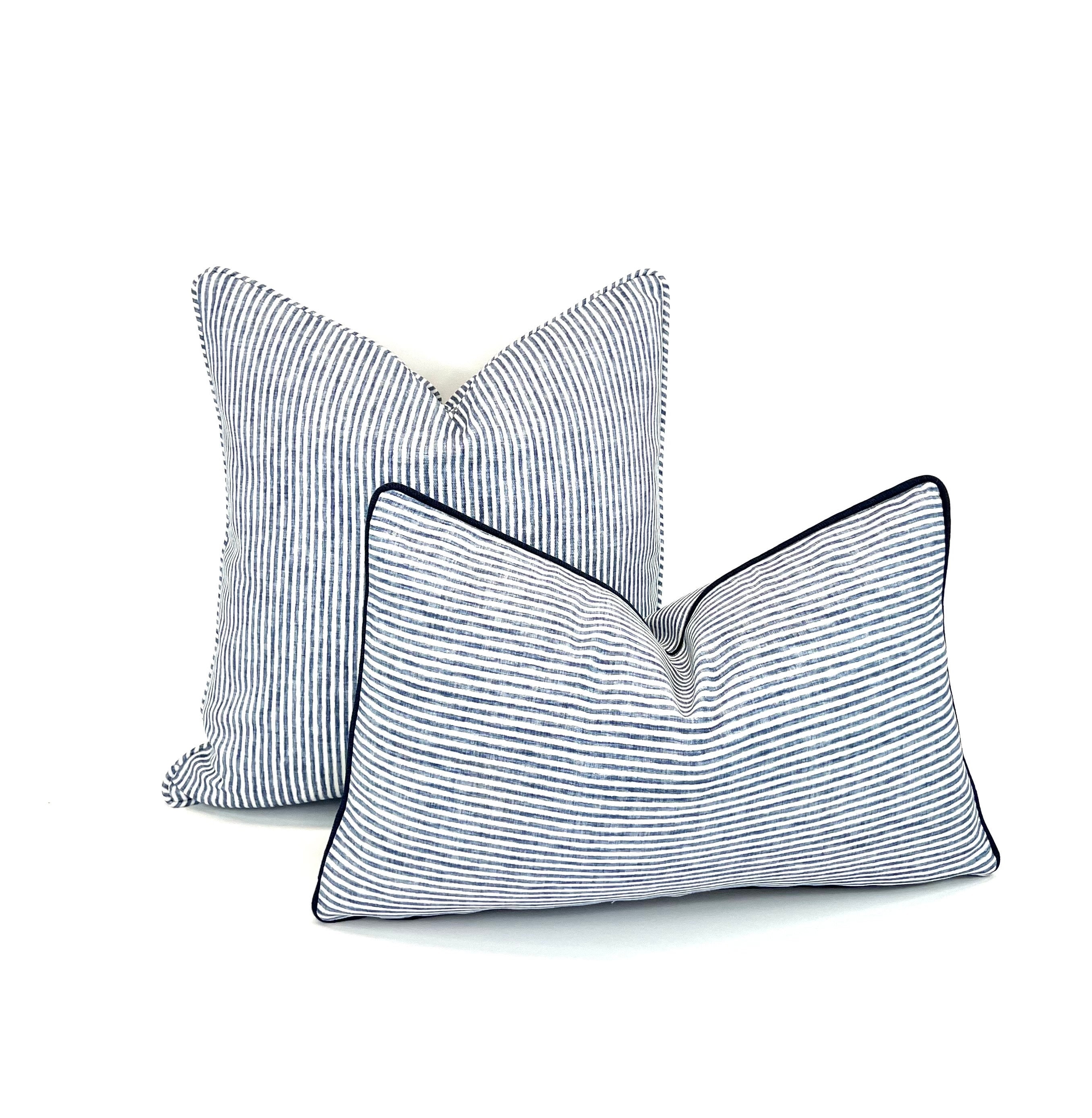 Ticking Stripe Pillow Cover in Dusty Blue and White in Cypress Cotton Canvas Fabric (Description Below)