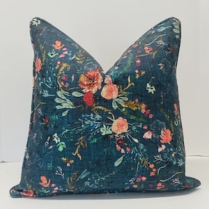 Boho Floral Pillow Cover in Watercolor Teal Fabric (Description Below)