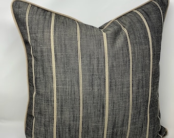 Decorative Pillow Cover in Fritz Peppercorn Rustic French Country Stripe with coordinating welt/piping