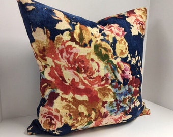 Decorative Blue Floral Pillow Cover in Covington Venus Basketweave Sapphire Fabric comes with or without Self Welt