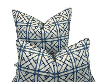 Bamboo Trellis Blue on a Washed White cotton fabric in a Decorative Pillow