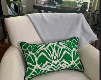 Kelly Green Wild Ikat Decorative Pillow Cover Design with a Variety of Sizes and Piping Color Options