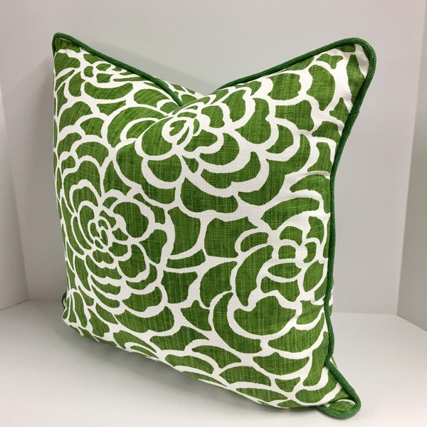 Decorative Pillow Cover in Scott Living Peony Luxe Bonsai Linen with Piping in your choice of Solid Green, Self or Navy FREE SHIPPING