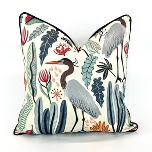Coastal Pillow Cover in Heron and Plants Fabric