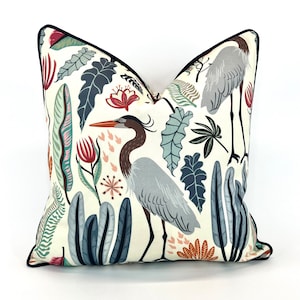 Coastal Pillow Cover in Heron and Plants Fabric