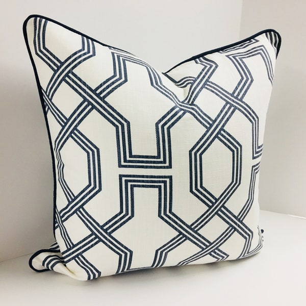 Geometric Pillow Cover in Sapphire Scott Living Linen Blend Basketweave Fabric