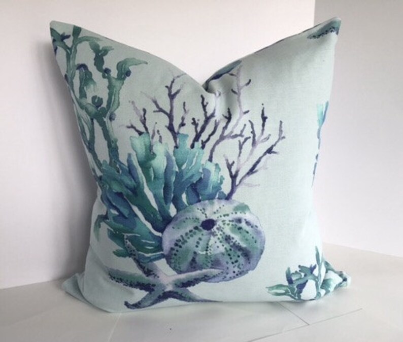 Pillow Cover in Aquatic Sealife Watercolor Blue Coral Decorative Fabric image 5