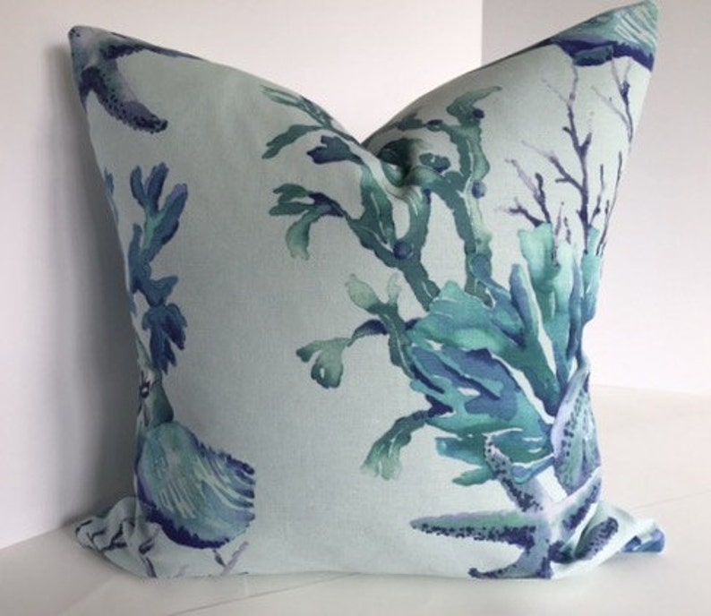 Pillow Cover in Aquatic Sealife Watercolor Blue Coral Decorative Fabric image 1