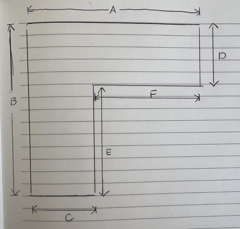 Peut inclure: Sch&eacute;ma dessin&eacute; &agrave; la main sur papier lign&eacute;, repr&eacute;sentant un grand rectangle avec les dimensions A et B, et un plus petit rectangle &agrave; l'int&eacute;rieur avec les dimensions E, F, C et D. Le sch&eacute;ma est &agrave; l'encre noire.