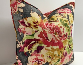 Decorative Pillow Cover in Floral Venus Basketweave Fabric with Self Welt