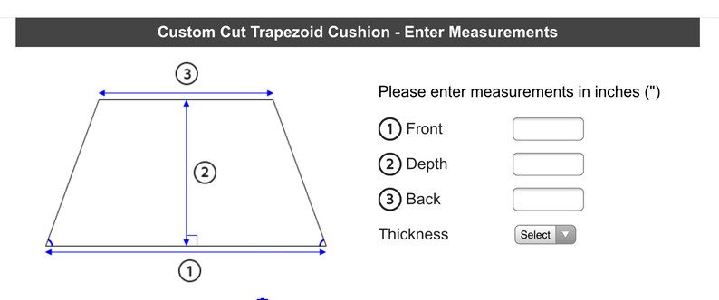 May include: Diagram for a custom-cut trapezoid cushion, showing dimensions labeled 1, 2, and 3. Instructions prompt users to enter measurements in inches for front, depth, and back. A dropdown menu for thickness selection is also present.