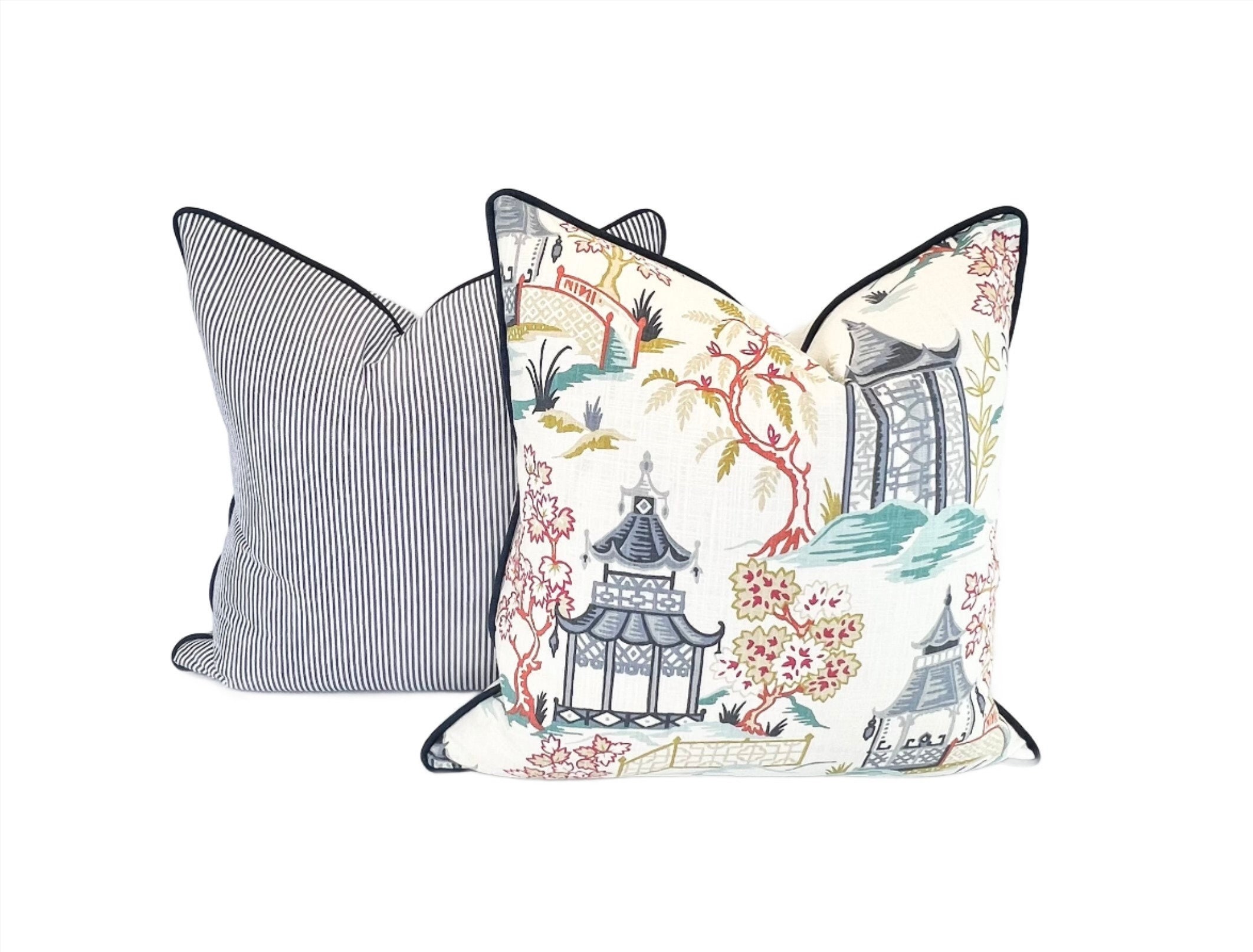 Decorative Pillow Cover in Chinoiserie Toile Pagoda Fabric (Read Description)