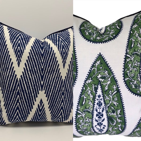 Lacefield Bali Navy Chevron Pillow Covers or Bindi Kelly Paisley Pillow Covers with Piping