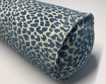 Bolster in Delft Blue Chenille Animal Print Upholstery Fabric