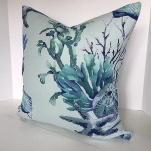 Pillow Cover in Aquatic Sealife Watercolor Blue Coral Decorative Fabric image 2