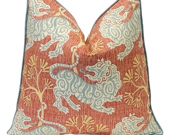 Decorative Pillow Cover in Lion Dance Rouge Fabric Chinoiserie Pillow