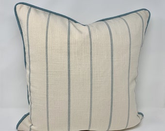 Farmhouse Pillow Covers in Fritz Sky Blue Rustic French Country Stripe with coordinating welt/piping