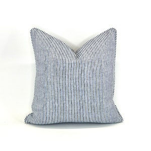 Ticking Stripe Pillow Cover in Dusty Blue and White on Woven Fabric (Description Below)