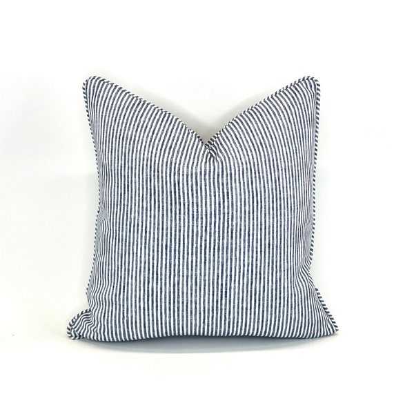 Ticking Stripe Pillow Cover in Dusty Blue and White on Woven Fabric