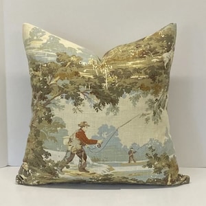 Decorative Pillow Cover in Vintage Toile Fishing Fabric