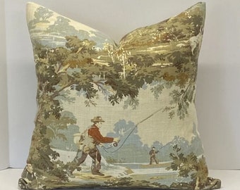 Decorative Pillow Cover in Hunting Toile Fishing Vintage Fabric (Description Below)