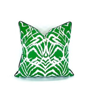 Decorative Pillow Cover in Kelly Green Wild Ikat Fabric in a variety of piping colors