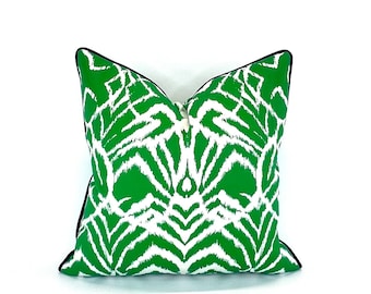 Decorative Pillow Cover in Kelly Green Wild Ikat Fabric in a variety of piping colors