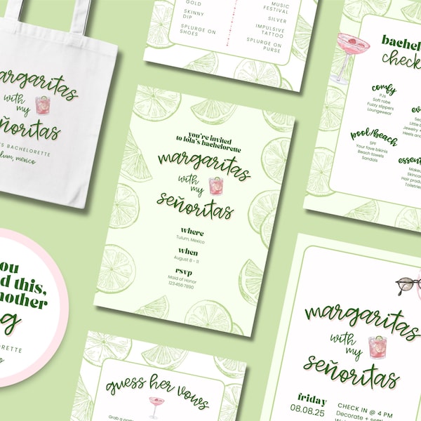 Margaritas mit meinen Senoritas Bachelorette Party Bundle, anpassbare Canva Vorlagen für den digitalen Download