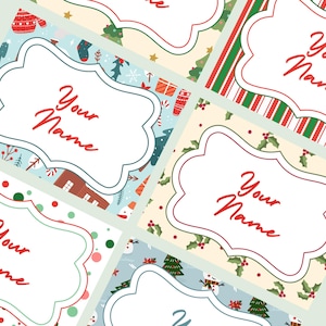 May include: A collection of Christmas-themed gift tags with various festive patterns. Each tag features a white, scalloped frame with the words "Your Name" in red script. The backgrounds include holiday motifs like trees, snowmen, and stripes.