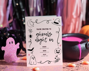 Spooky Girls Night Pink Halloween Invite, Ghouls Night In, Digital Download Canva Template
