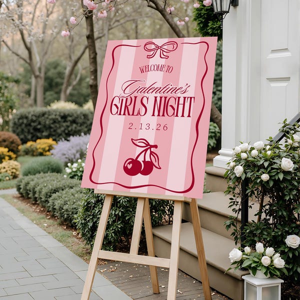 Red Galentine's Party Willkommensschild, anpassbare Canva-Vorlagen für den digitalen Download