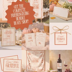 May include: A collection of Friendsgiving-themed stationery and decor in a warm, autumnal palette. Includes invitations, signage, and a banner with the text "Friendsgiving 2025." The image also features pumpkins, a wine bottle, and a "Grateful, Thankful, Blessed" tag.