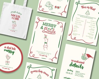 May include: A collection of festive bachelorette party supplies. Includes a white tote bag with "Jingle Ladies Social Club" text, invitation cards, and a round sticker with a cocktail illustration. The color scheme is red, green, and white.