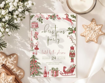 May include: A Christmas party invitation featuring festive illustrations of a cake, Christmas tree, and a sleigh. The invitation is surrounded by greenery and a candle, with the text "Christmas Party" and event details.