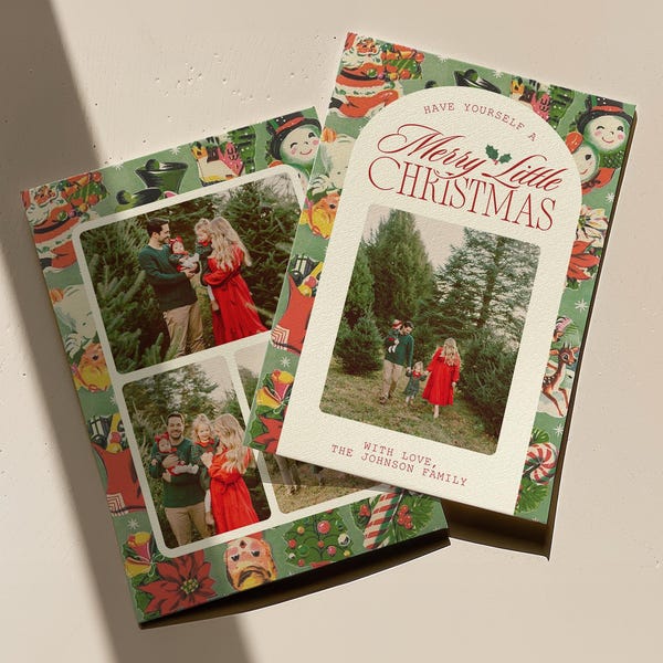 Vintage Merry Little Christmas Card, Digital Download Canva Templates (Multiple Photos)