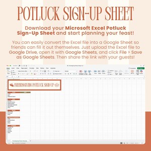 May include: A tan and white graphic with the text "POTLUCK SIGN-UP SHEET." Instructions are provided for downloading a Microsoft Excel Potluck Sign-Up Sheet. The image also shows a spreadsheet with the title "FRIENDSGIVING POTLUCK SIGN-UP."