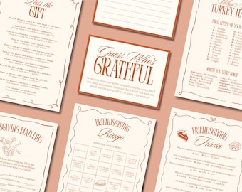 May include: A collection of Thanksgiving-themed game cards with a warm, inviting color palette. The cards feature various games like "Pass the Gift," "Guess Who's Grateful," and "Thanksgiving Bingo," with decorative borders and elegant fonts.