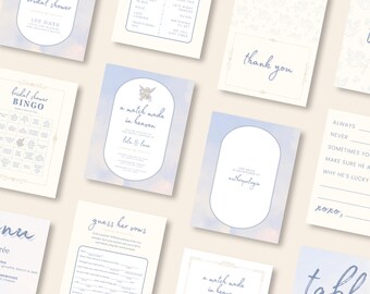 May include: A collection of wedding stationery in shades of blue and white, including invitation cards, bingo cards, and thank you notes. Some cards feature text such as "a match made in heaven" and "bridal shower".