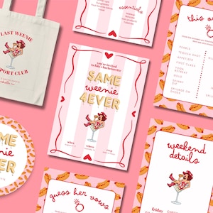 Op de afbeelding: Een verzameling roze en witte vrijgezellenfeestartikelen. Inclusief een draagtas, uitnodigingskaarten en een ronde sticker. De ontwerpen tonen een cartoonvrouw in een martini-glas en de tekst "Last Weenie Support Club".