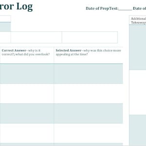 Può includere: Un modello di registro degli errori LSAT azzurro con il titolo "LSAT Error Log". Il modello include sezioni per PrepTest, tipi di domande, risposte corrette, risposte selezionate e note aggiuntive. È progettato per il monitoraggio e la revisione degli errori LSAT.
