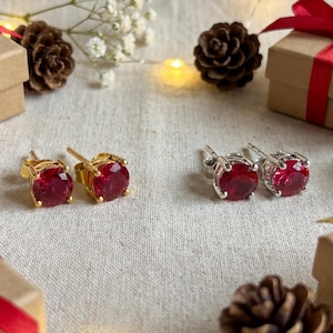 Ruby Solitaire Studs: Sterling silver | 6x6mm | White Rhodium | 18k Gold plated| Push-backs | July birthstone