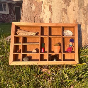 May include: A wooden display shelf with multiple compartments, containing various small objects. Items include a piece of dried wood, a seashell, a small terracotta pot with a cactus, a doll, and several stones. A small bottle with the text "HEAT IT UP" is also present.