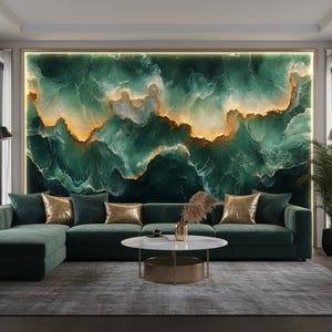 May include: A modern living room featuring a large, dark green sectional sofa with gold accent pillows. A round coffee table sits on a gray rug. The focal point is a large wall art piece with green and gold abstract design.