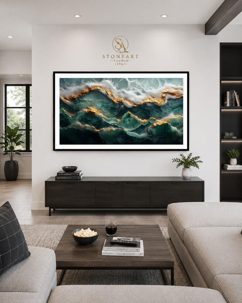 Jade-inspired Abstract Wall Art, Ocean Wave Printable, Teal Gold 3:2 ...
