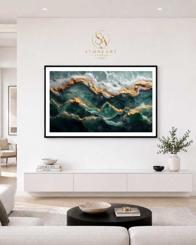 Jade-inspired Abstract Wall Art, Ocean Wave Printable, Teal Gold 3:2 ...