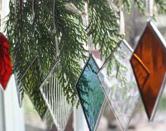 Stained Glass Christmas Ornaments | Handmade Light-Changing Hanging Ornaments | Holiday Tree Decor | Custom Glass For Christmas